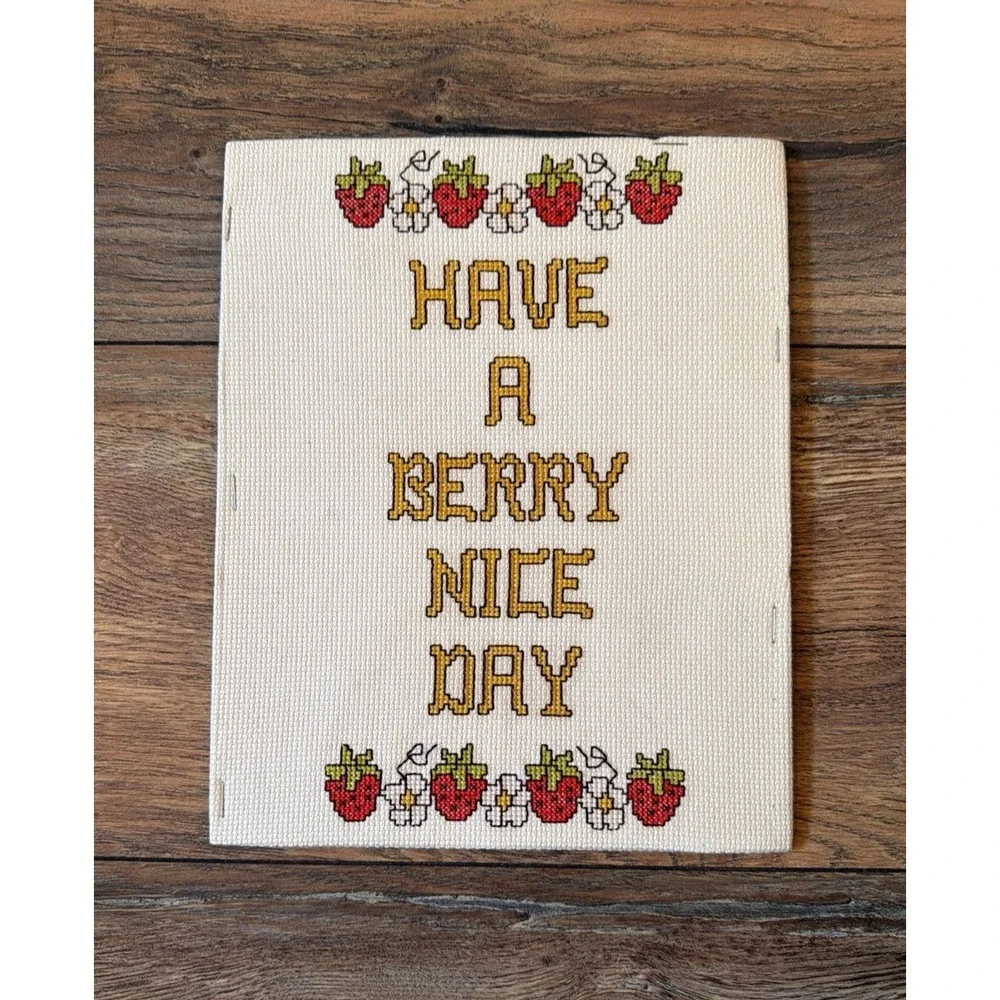 VTG Have a Berry‎ Nice Day Strawberry Floral Cross Stitch Wall Art 10x8